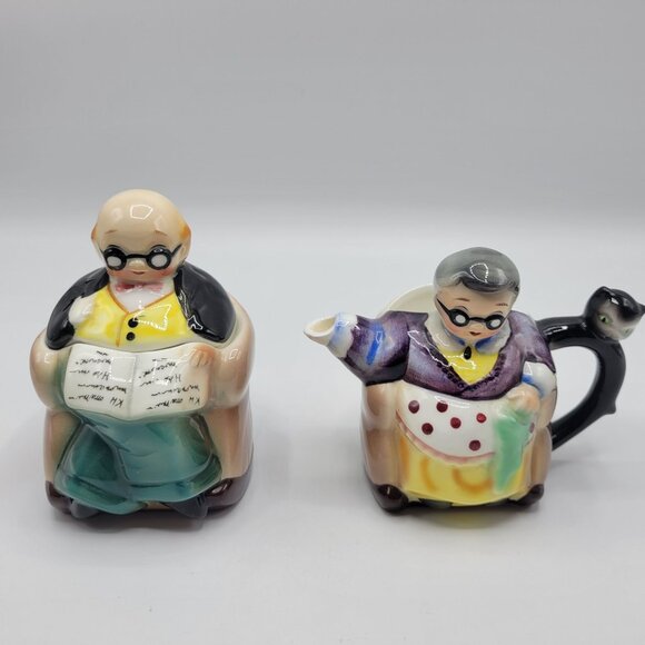 Vintage Hand Painted Japan Grandparents Creamer & Sugar Bowl Set - Picture 2 of 15